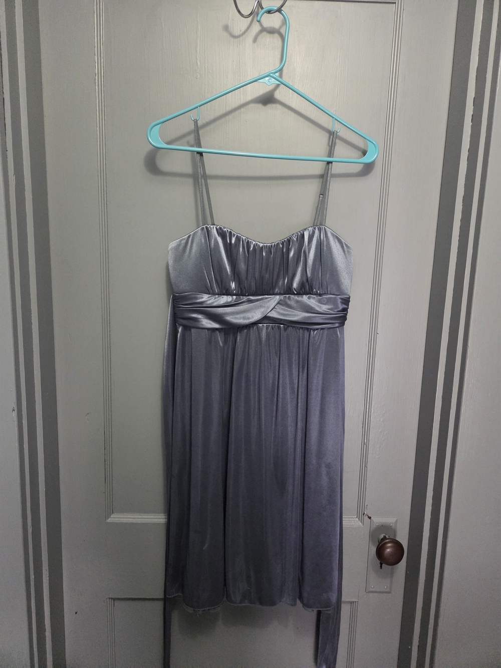 Silver Satin Spaghetti-Strap Dress